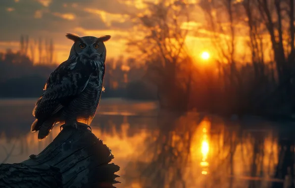 FOREST, WATER, BIRD, OWL, REFLECTION, SNAG, SUNSET, POND