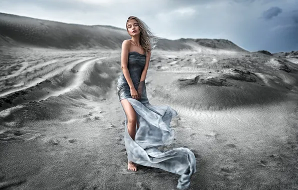 Clouds, loneliness, desert, legs, beautiful girl, a piece of cloth