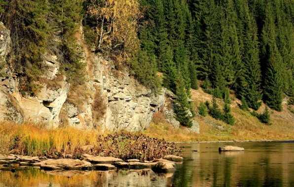 Autumn, trees, river, stones, rocks, Russia, Perm Krai, The Koiva