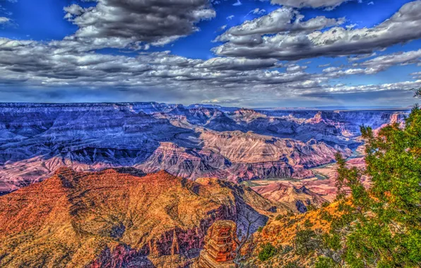 The sky, the sun, clouds, trees, rocks, HDR, canyon, gorge