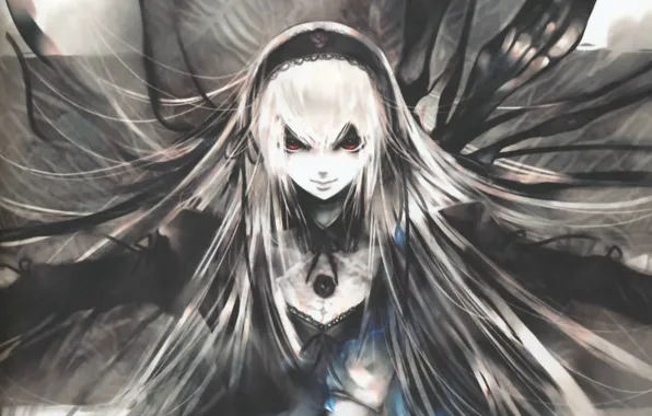 Face, magic, wings, doll, red eyes, rozen maiden, suigintou, art