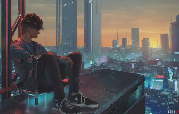 Picture haircut, skyscrapers, guy, sneakers, the view from the top, on the roof, city lights, panorama …