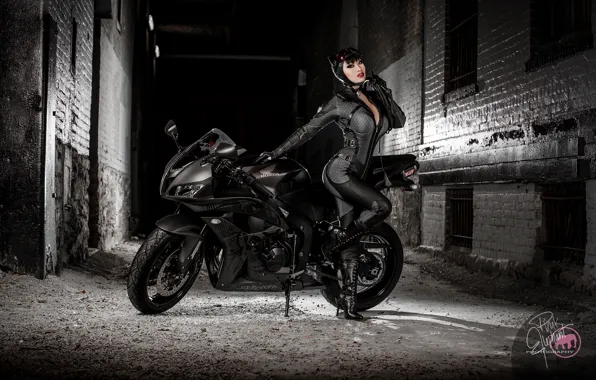 Picture cat, girl, yard, costume, motorcycle, cosplay, Catwoman