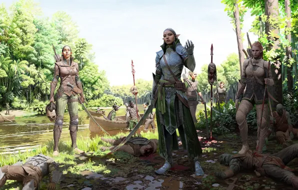 River, death, weapons, victory, elf, Girl, warrior, armor
