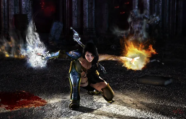 Picture ice, girl, lights, magic, monster, armor