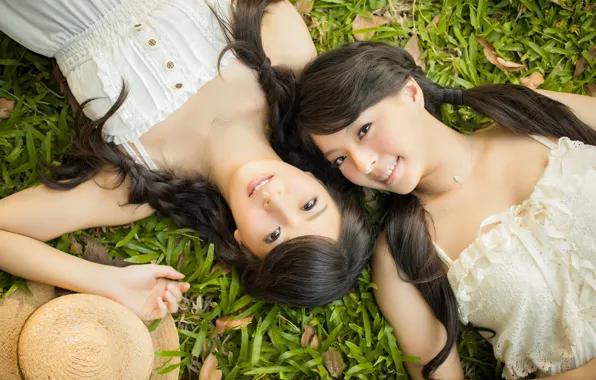 Grass, smile, mood, hat, two girls, cuties, Asian girls