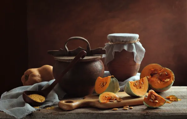 Flowers, table, Board, food, spoon, pumpkin, pot, still life