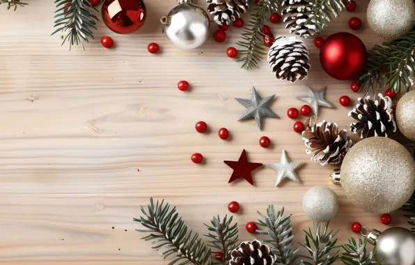 Stars, balls, branches, Board, texture, Christmas, red, New year