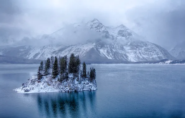 Winter, snow, trees, mountains, lake, island, Canada, Albert