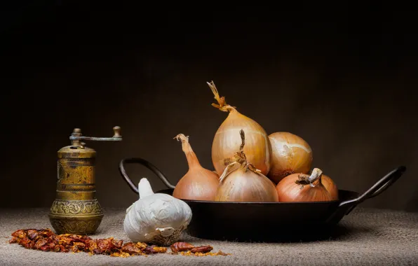 The dark background, bow, fruit, still life, burlap, spices, garlic, pan