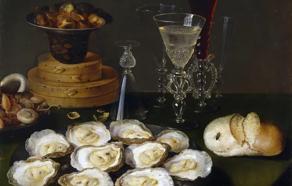 Fly, glass, food, picture, bread, Still life with Oysters, Osias Burt Senior