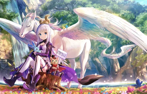 Kawaii, girl, nature, rabbit, anime, cat, waterfall, animal