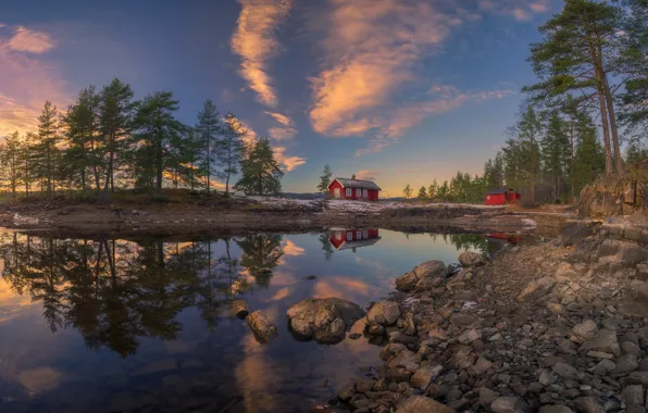 Trees, sunset, lake, reflection, the evening, Norway, houses, Norway