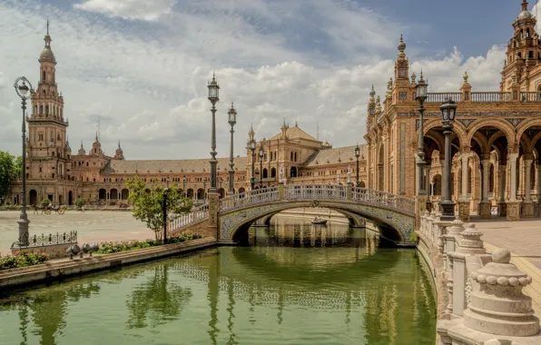 Bridge, channel, Spain, Palace, Seville, Espana