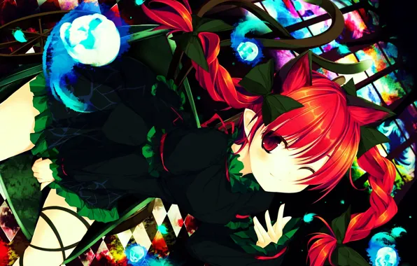 Magic, tail, skull, bow, red eyes, ears, touhou, wink