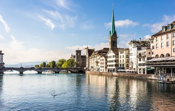 Bridge, lake, home, Switzerland, Zurich