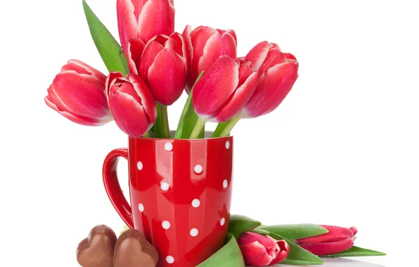 Flowers, chocolate, bouquet, tulips, red, red, flowers, romantic