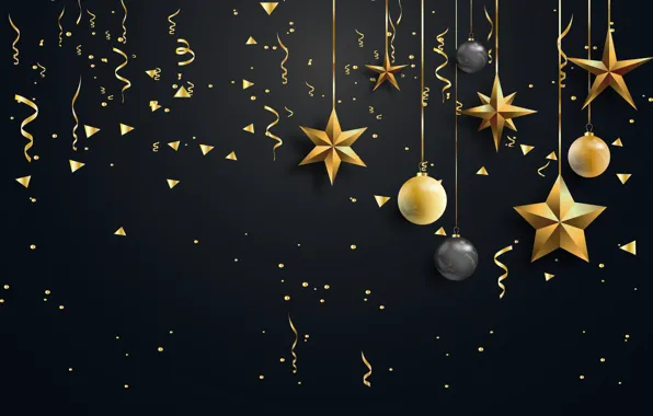 Decoration, balls, Christmas, New year, golden, christmas, black background, new year