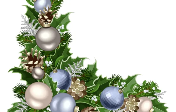 Branches, balls, white background, New year, vector graphics