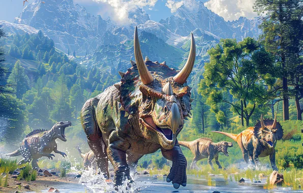 Water, Mountains, Trees, Stones, Running, Attack, Dinosaur, Horns