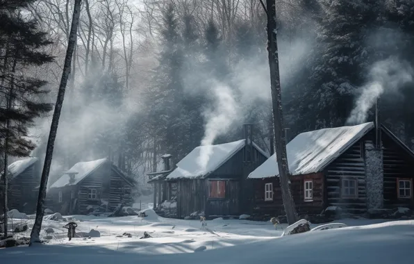 Winter, forest, snow, hut, houses, house, hut, AI art