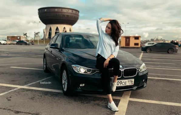 Picture machine, auto, girl, pose, BMW, on the hood, Parking, Belavin