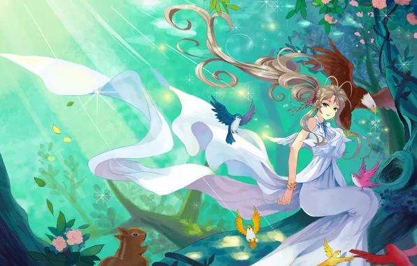 Forest, girl, bird, protein, art, beast, the sun's rays, ah my goddess