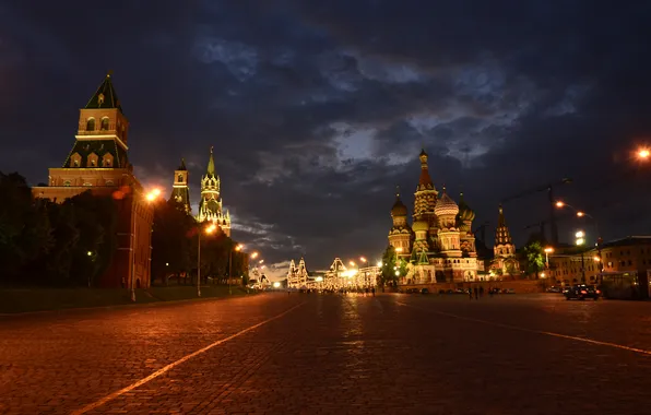 The sky, clouds, lights, the evening, pavers, Moscow, St. Basil's Cathedral, Red square