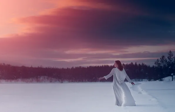 Picture winter, girl, snow, sunset, dress