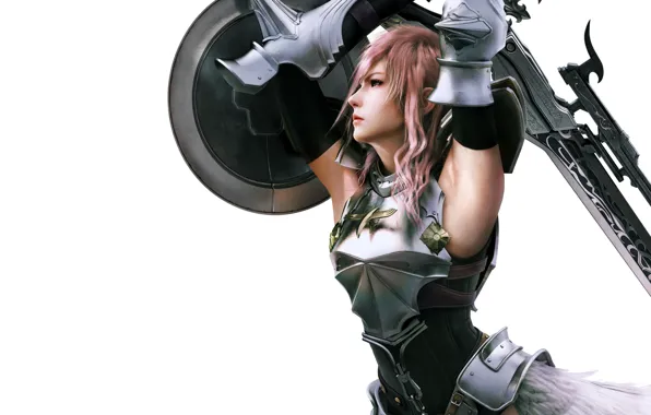 Girl, sword, white background, shield, Final Fantasy, Lightning, XIII