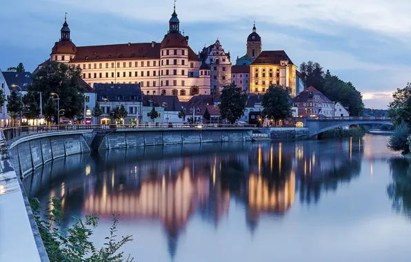 Trees, bridge, river, home, the evening, Germany, Neuburg