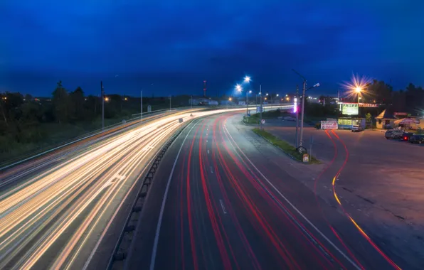 Machine, bridge, lights, speed, track, The city, Moscow, night city
