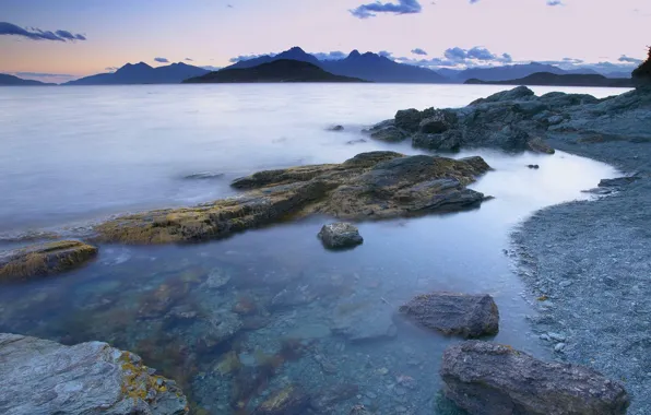 Water, clouds, mountains, stones, shore