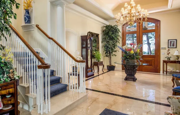 Picture flowers, design, ladder, floor, hall