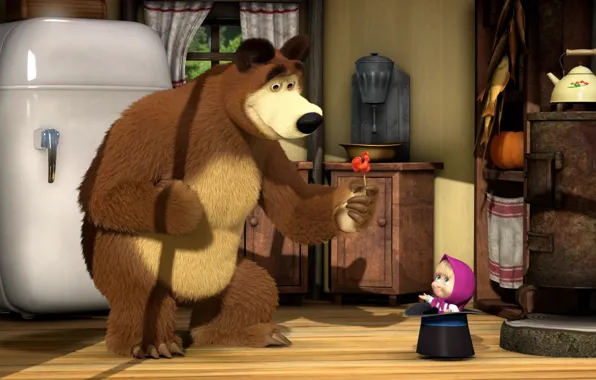 Room, refrigerator, Lollipop, cartoon, cylinder, Masha and the bear