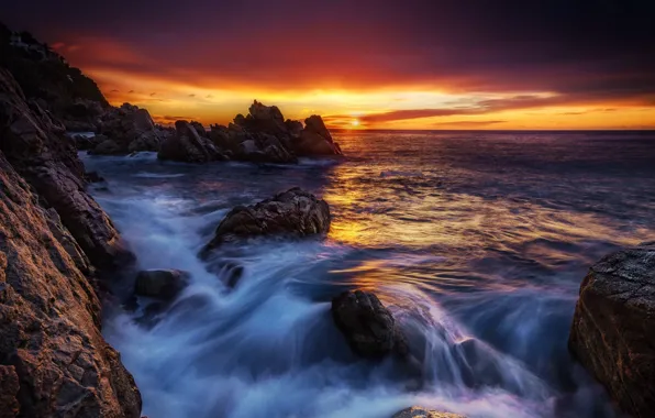 Sea, sunset, rocks, shore