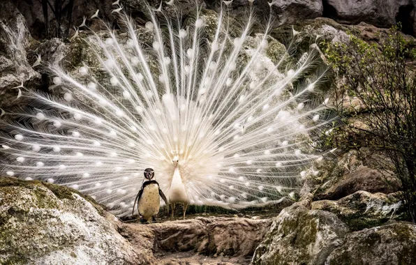 White, birds, nature, stones, rocks, Bush, tail, penguin