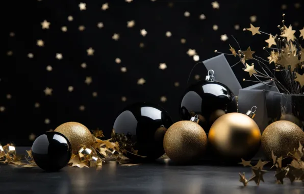 Stars, balls, the dark background, Christmas, New year, black background, gold plated, stars