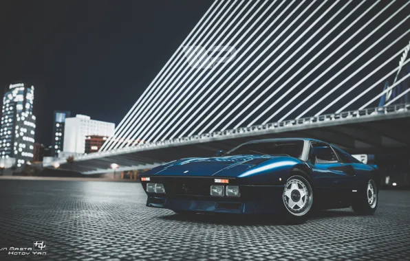 Auto, Night, Blue, The city, Machine, Ferrari, Supercar, The front