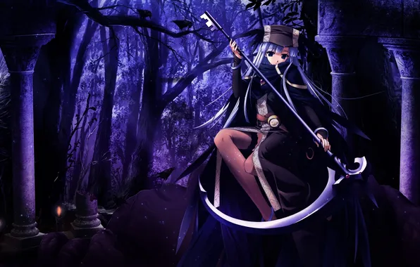 Forest, girl, trees, night, weapons, hat, anime, art