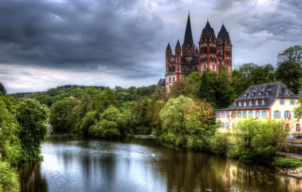 The sky, trees, clouds, river, castle, home, treatment, Germany