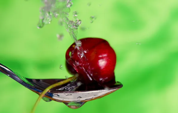 Water, macro, cherry, spoon