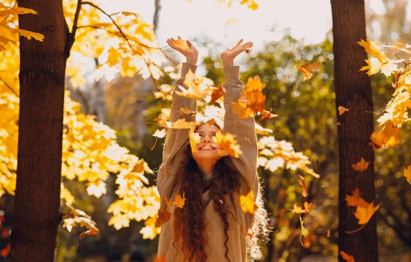Autumn, look, girl, light, joy, nature, pose, smile
