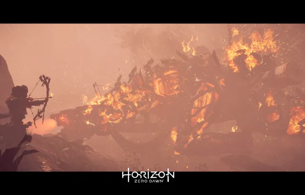 Girl, Robot, Fire, Rain, Fur, Bow, PS4 Pro, Horizon Zero Dawn