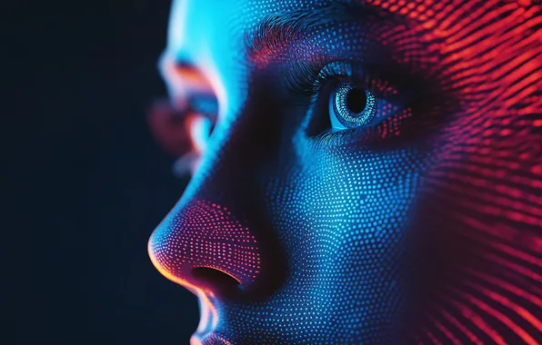 Look, girl, face, the dark background, texture, leather, pixels, reflections