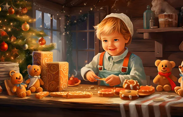 Light, childhood, smile, table, toys, child, boy, Christmas