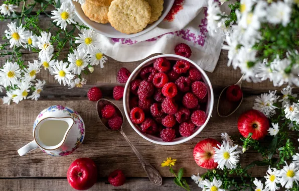 Picture flowers, berries, raspberry, chamomile, cakes, milk, apples