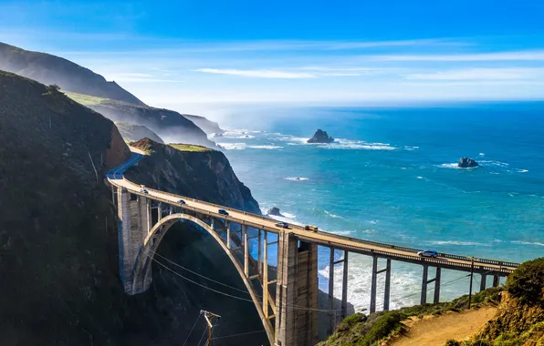 Picture wave, the sky, clouds, landscape, mountains, bridge, nature, the ocean