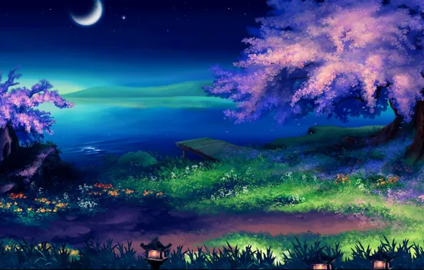 Grass, lake, shore, a month, Night, Sakura, lights, flowering