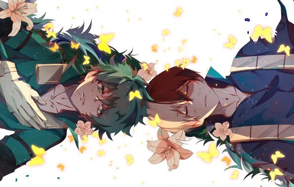 Butterfly, flowers, Lily, guys, Boku no Hero Academy, Midori Isuku, Todoroki Shoto, My heroic academia